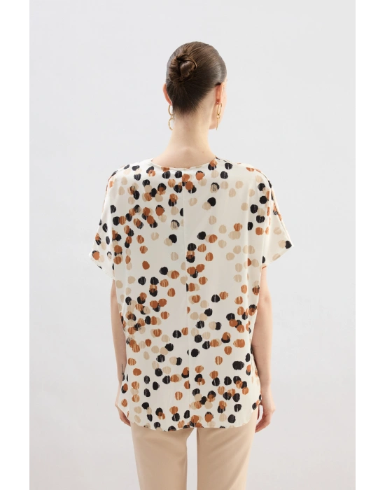 Puantiye Desenli Salaş Bluz - Bej-Kahve