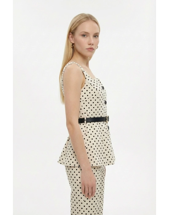 Puantiyeli Kemerli Kare Yaka Bluz Krem