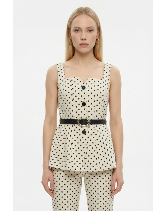 Puantiyeli Kemerli Kare Yaka Bluz Krem