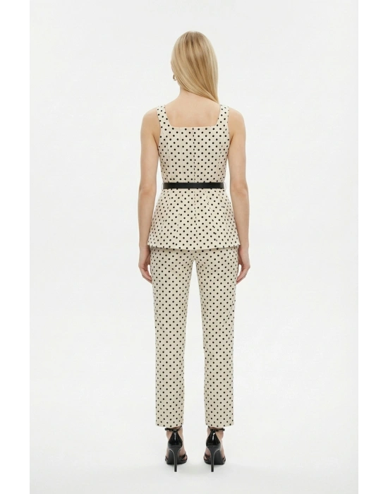 Puantiyeli Kemerli Kare Yaka Bluz Krem