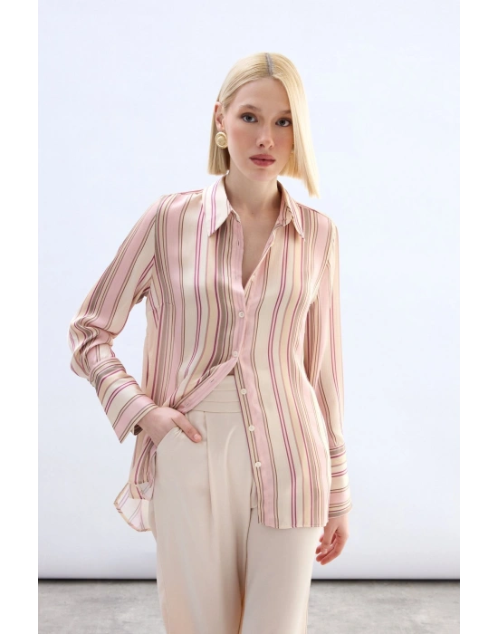 Renkli Çizgili Gömlek - Pudra