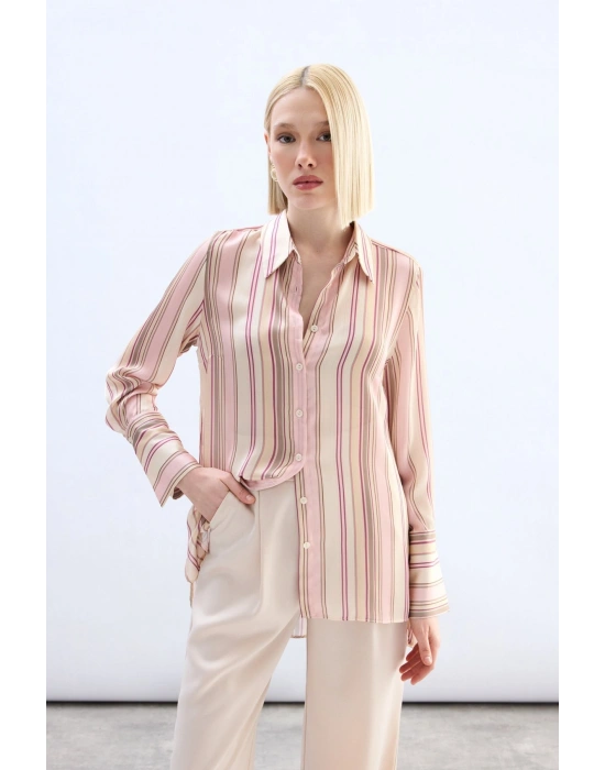 Renkli Çizgili Gömlek - Pudra