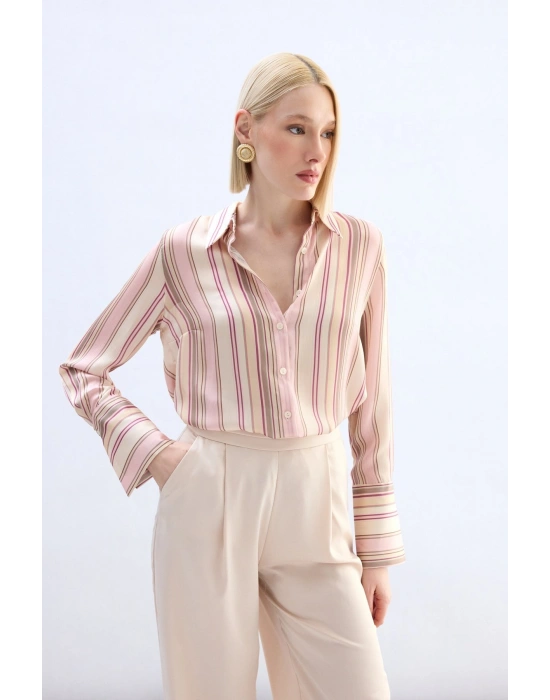 Renkli Çizgili Gömlek - Pudra
