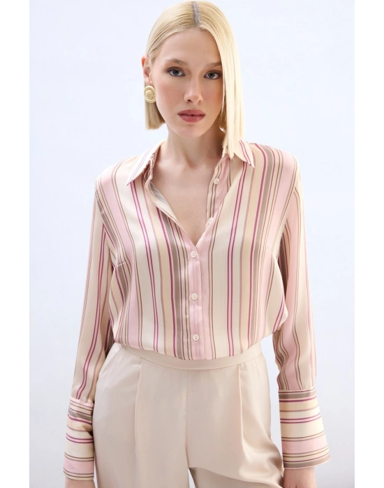 Renkli Çizgili Gömlek - Pudra