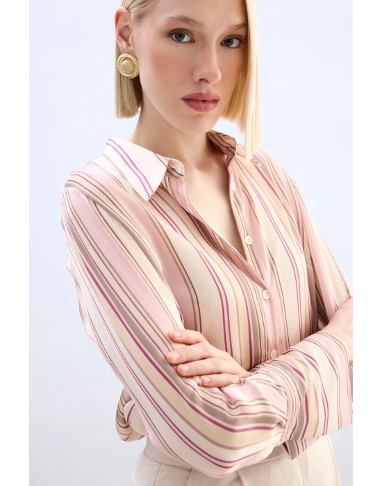 Renkli Çizgili Gömlek - Pudra