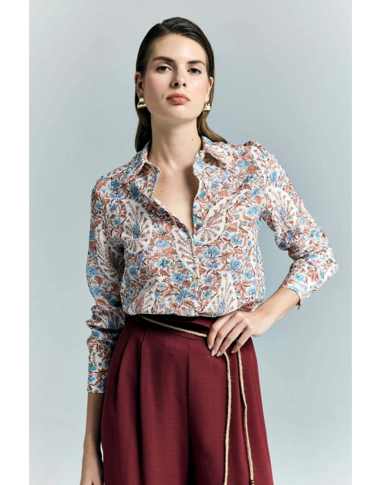 Şal Desen Kolu Katlamalı Gömlek - Mavi