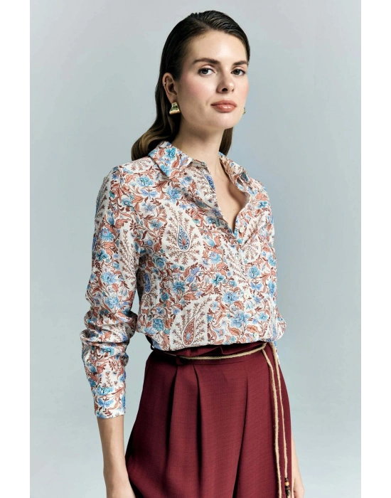 Şal Desen Kolu Katlamalı Gömlek - Mavi