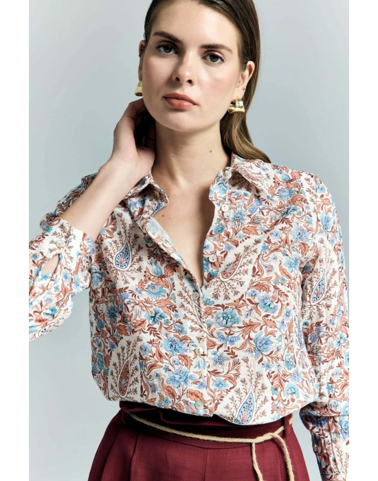 Şal Desen Kolu Katlamalı Gömlek - Mavi