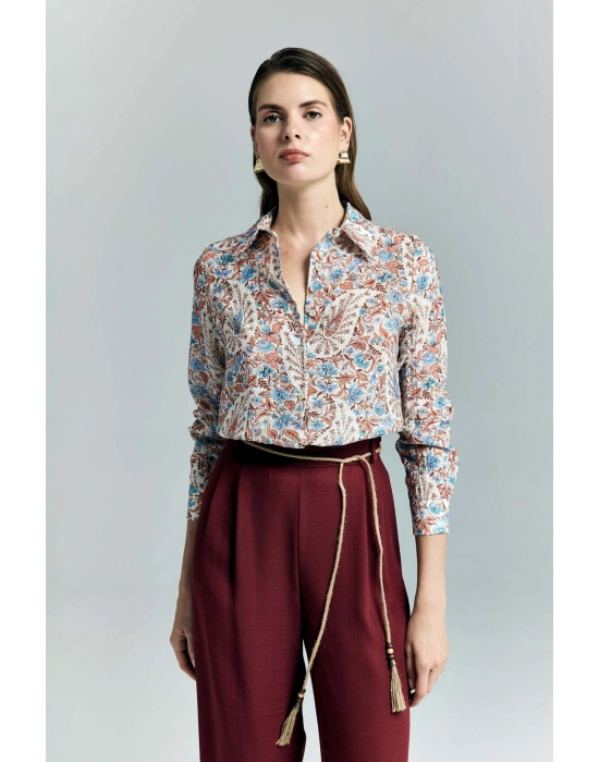 Şal Desen Kolu Katlamalı Gömlek - Mavi