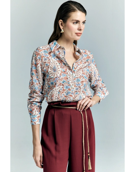 Şal Desen Kolu Katlamalı Gömlek - Mavi