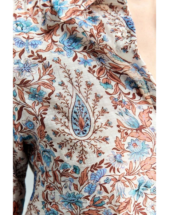 Şal Desen Kolu Katlamalı Gömlek - Mavi