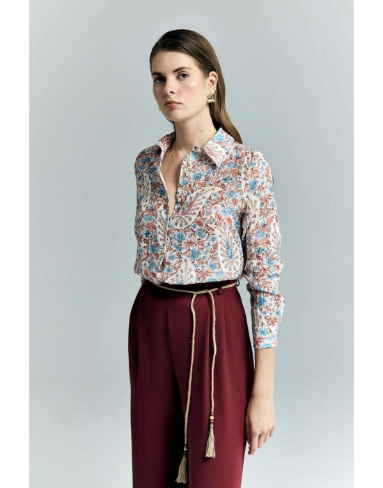 Şal Desen Kolu Katlamalı Gömlek - Mavi