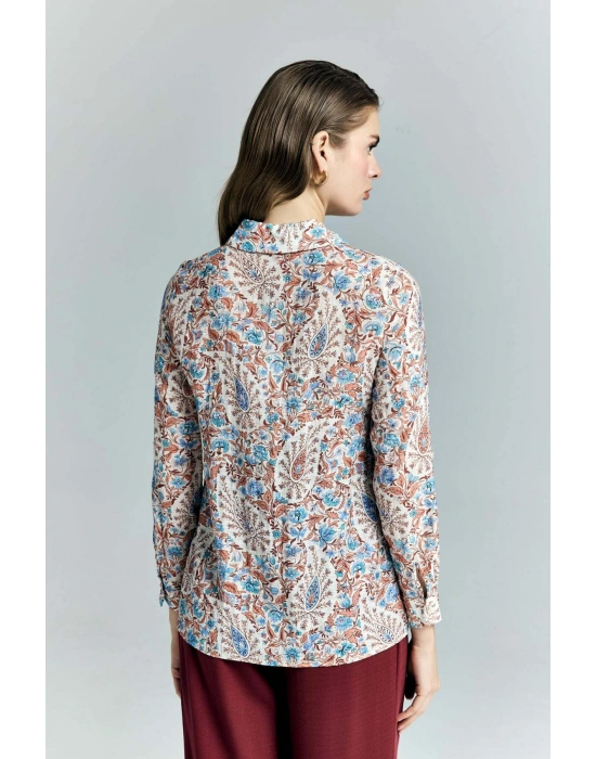 Şal Desen Kolu Katlamalı Gömlek - Mavi