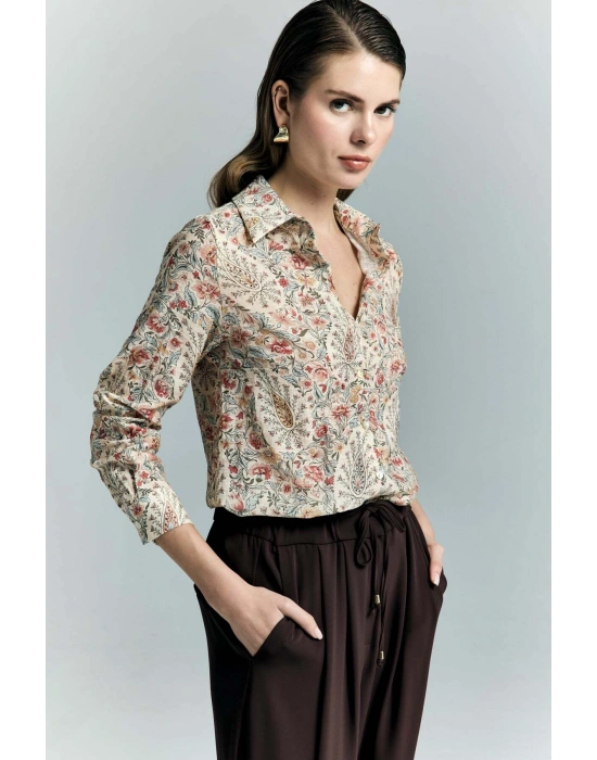 Şal Desen Kolu Katlamalı Gömlek - Pembe