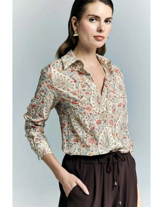 Şal Desen Kolu Katlamalı Gömlek - Pembe