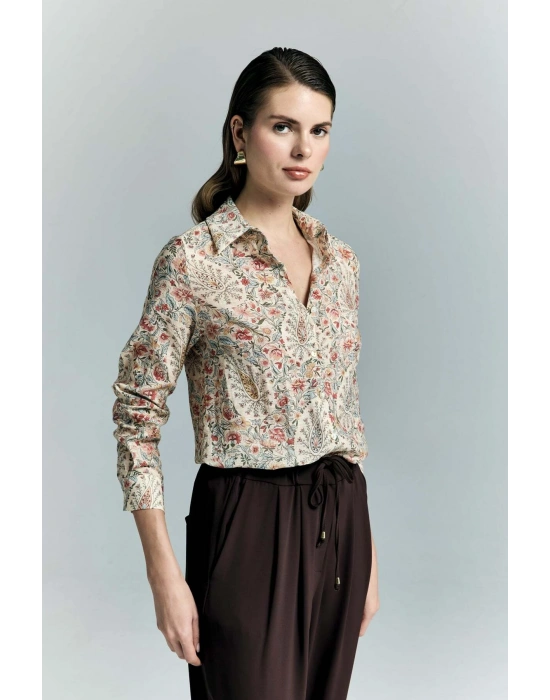 Şal Desen Kolu Katlamalı Gömlek - Pembe