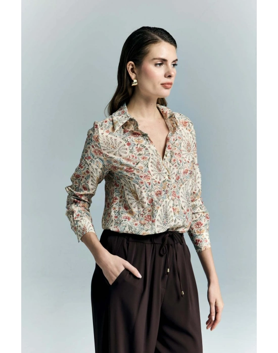 Şal Desen Kolu Katlamalı Gömlek - Pembe