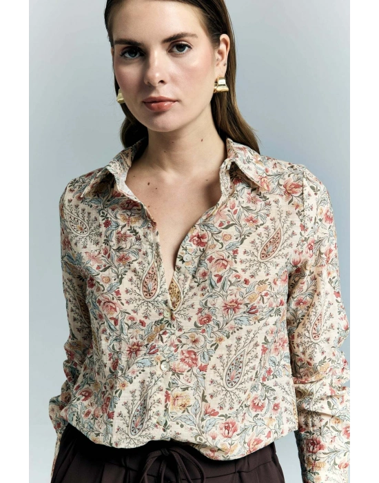 Şal Desen Kolu Katlamalı Gömlek - Pembe