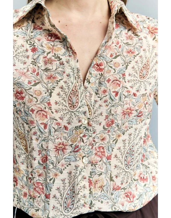 Şal Desen Kolu Katlamalı Gömlek - Pembe