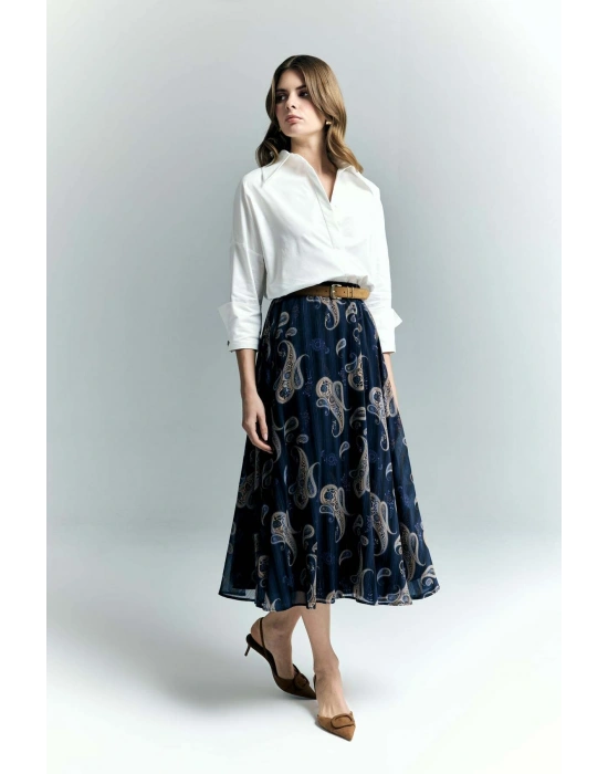 Şal Desen Şifon Etek - Lacivert