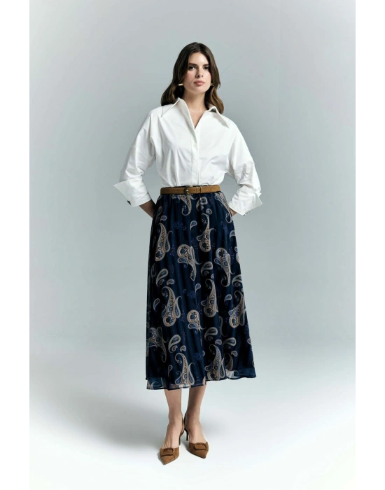 Şal Desen Şifon Etek - Lacivert