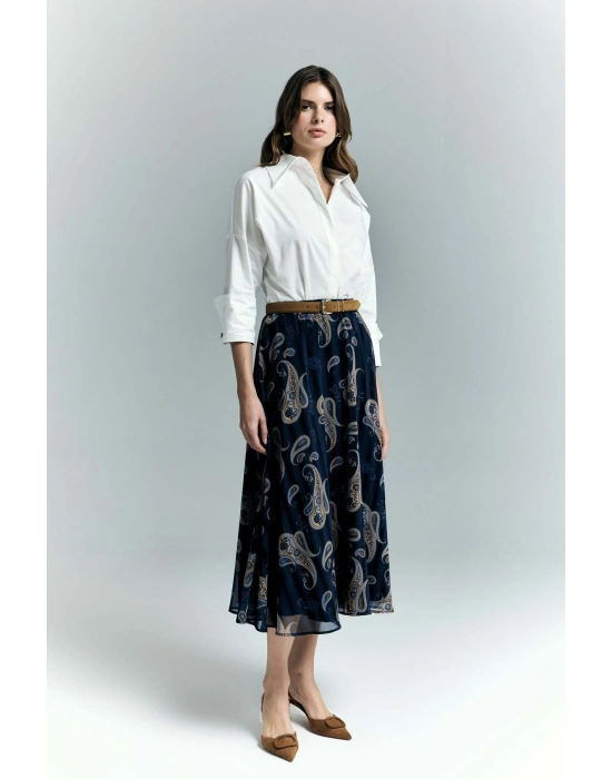 Şal Desen Şifon Etek - Lacivert