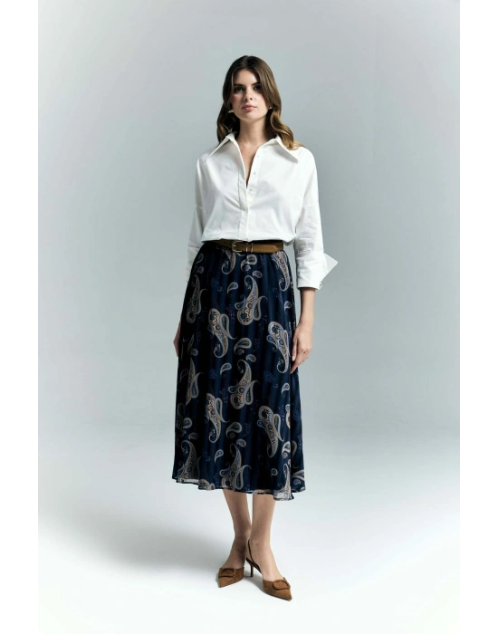 Şal Desen Şifon Etek - Lacivert
