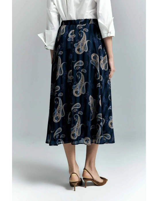 Şal Desen Şifon Etek - Lacivert
