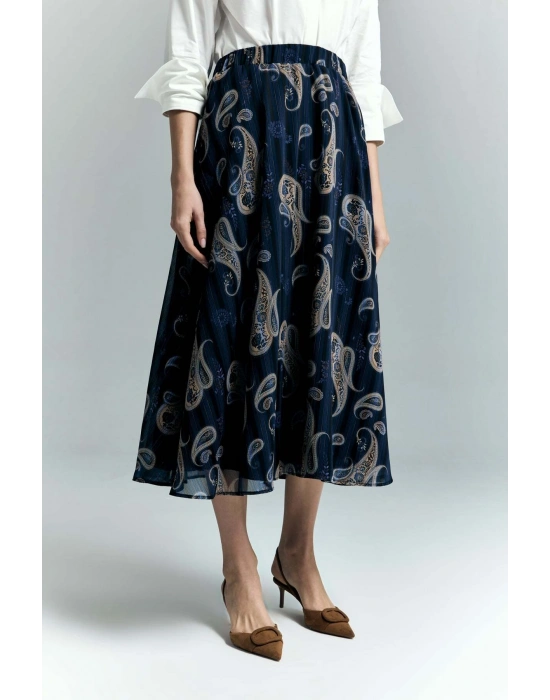 Şal Desen Şifon Etek - Lacivert