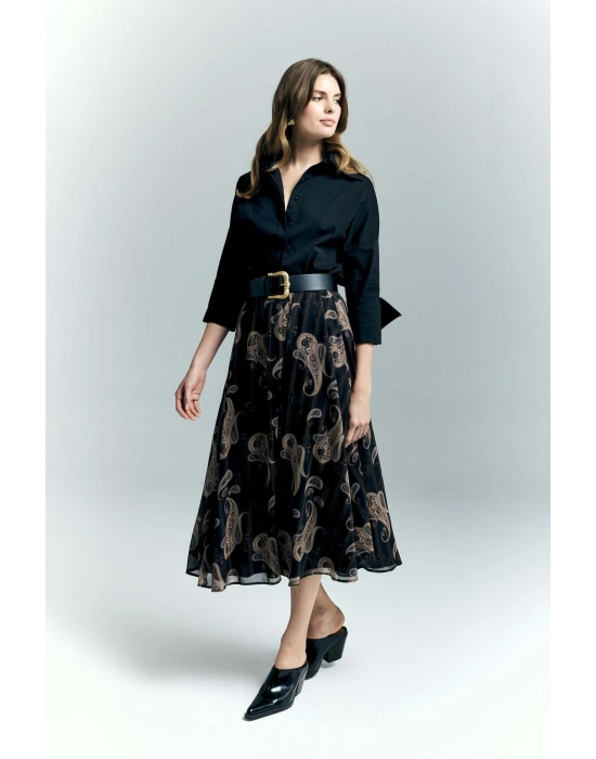 Şal Desen Şifon Etek - Siyah