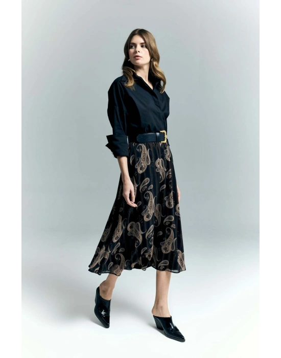 Şal Desen Şifon Etek - Siyah