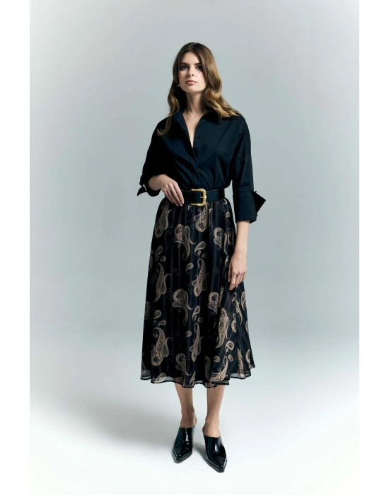 Şal Desen Şifon Etek - Siyah