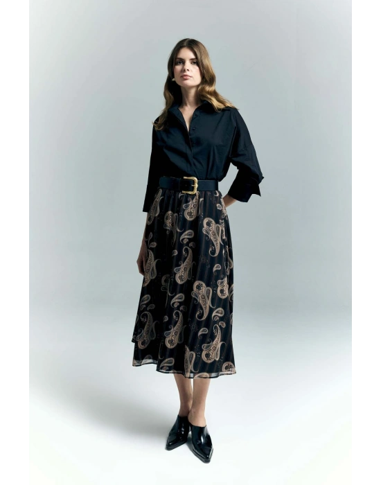 Şal Desen Şifon Etek - Siyah