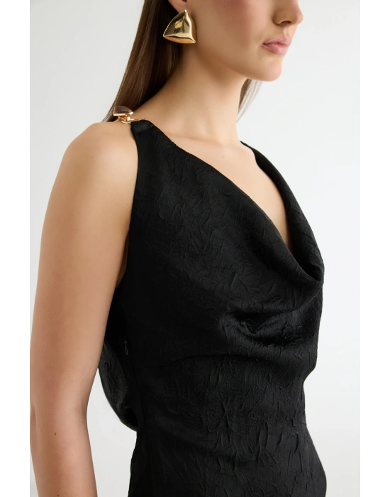 Sırt Bağlamalı Degaje Yaka Midi Elbise Siyah