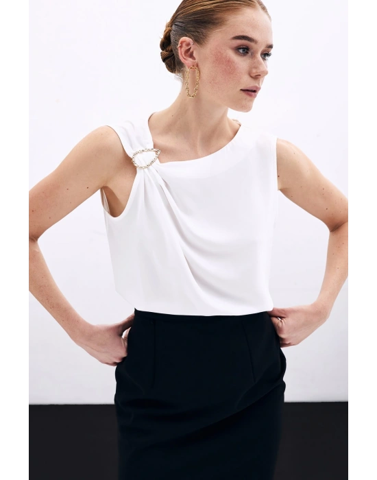 Tek Omuz Detaylı Bluz - Ekru