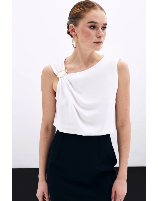Tek Omuz Detaylı Bluz - Ekru