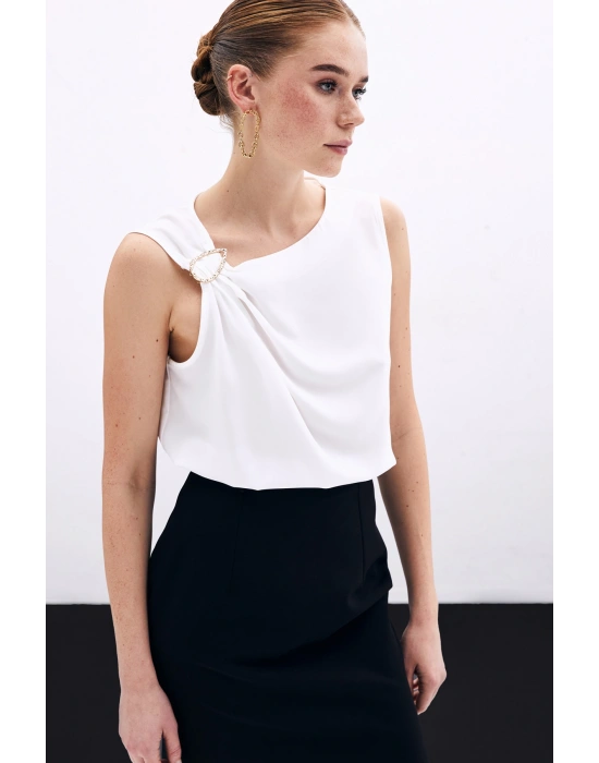 Tek Omuz Detaylı Bluz - Ekru