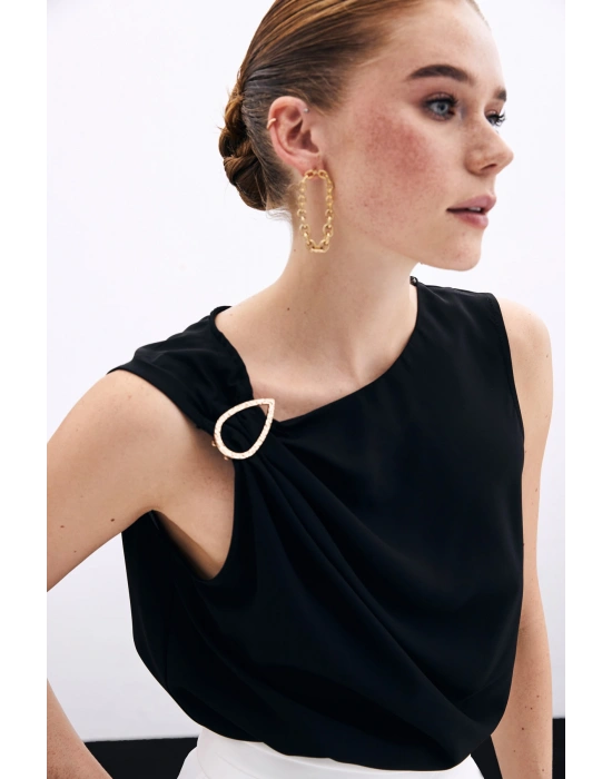 Tek Omuz Detaylı Bluz - Siyah