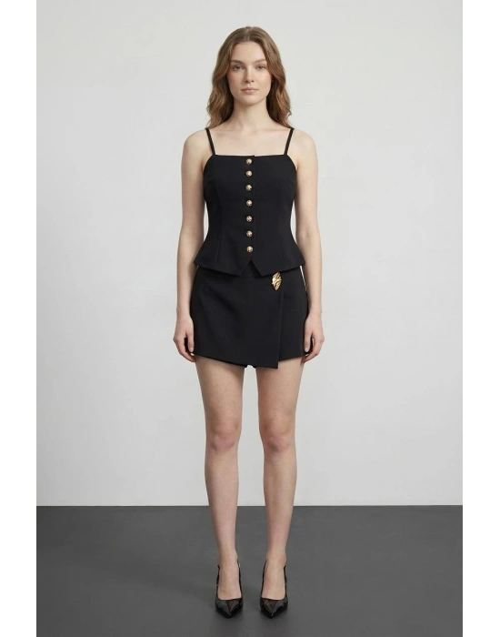 Toka Detaylı Şort Etek Siyah