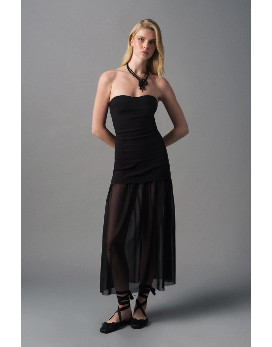 Tül Matchli Elbise Siyah