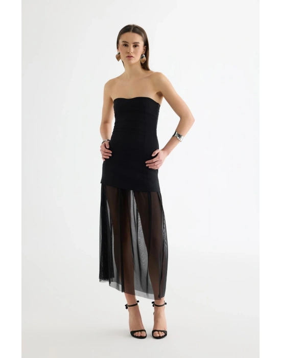 Tül Matchli Elbise Siyah