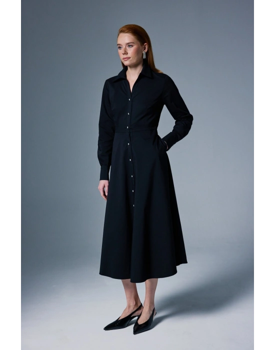 Uzun Düğme Detaylı Elbise - Siyah