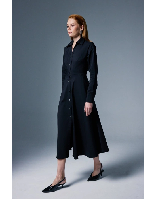 Uzun Düğme Detaylı Elbise - Siyah