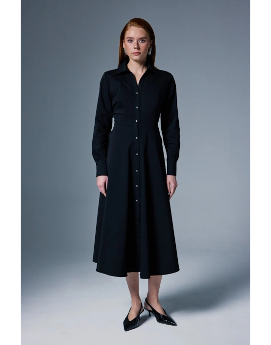Uzun Düğme Detaylı Elbise - Siyah