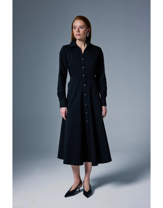 Uzun Düğme Detaylı Elbise - Siyah