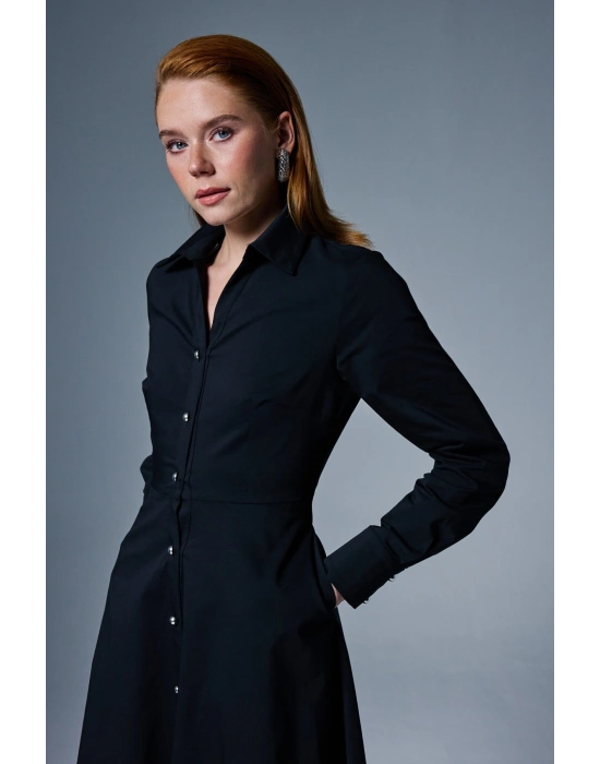 Uzun Düğme Detaylı Elbise - Siyah