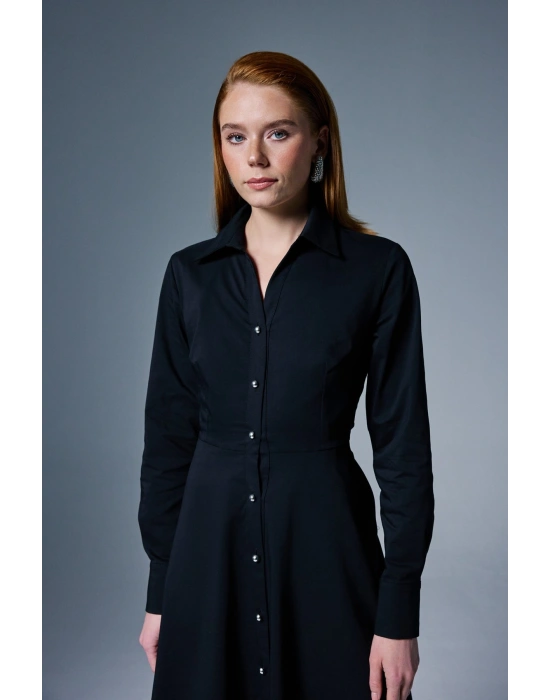 Uzun Düğme Detaylı Elbise - Siyah