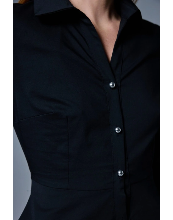 Uzun Düğme Detaylı Elbise - Siyah