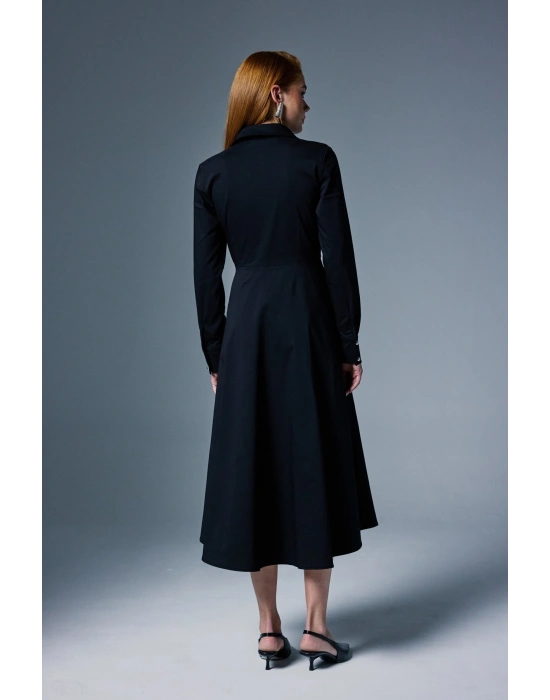 Uzun Düğme Detaylı Elbise - Siyah