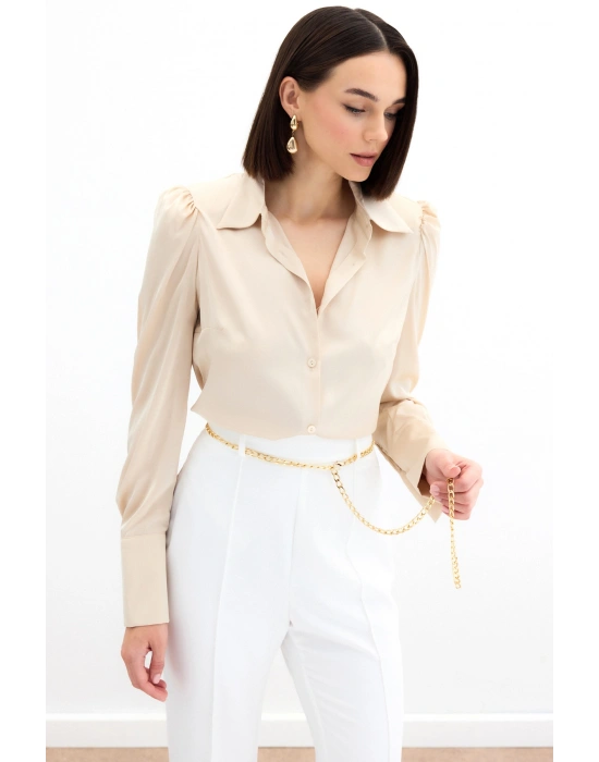 Vatkalı Saten Gömlek - Bej